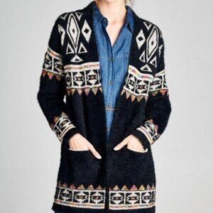 Love by Design Women's Ethno Boho Cardigan Aztec Tribal Print Fuzzy Knit Size M